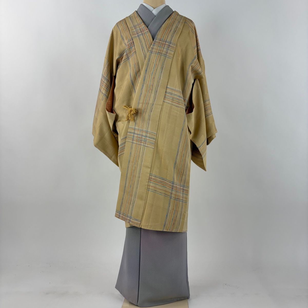 道中着 身丈104 cm 裄丈66 M 和装コート 縞 格子 ベージュ 正絹