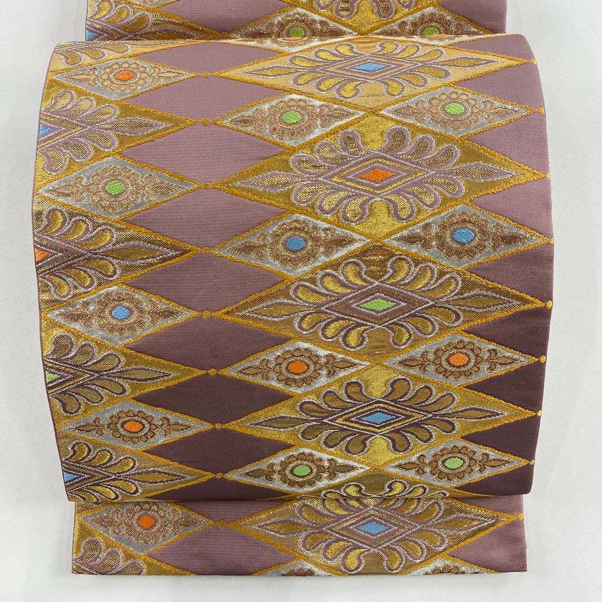 袋帯 龍村美術織物 落款 河西菱つなぎ 花 金銀糸 箔 小豆色 六通 正絹