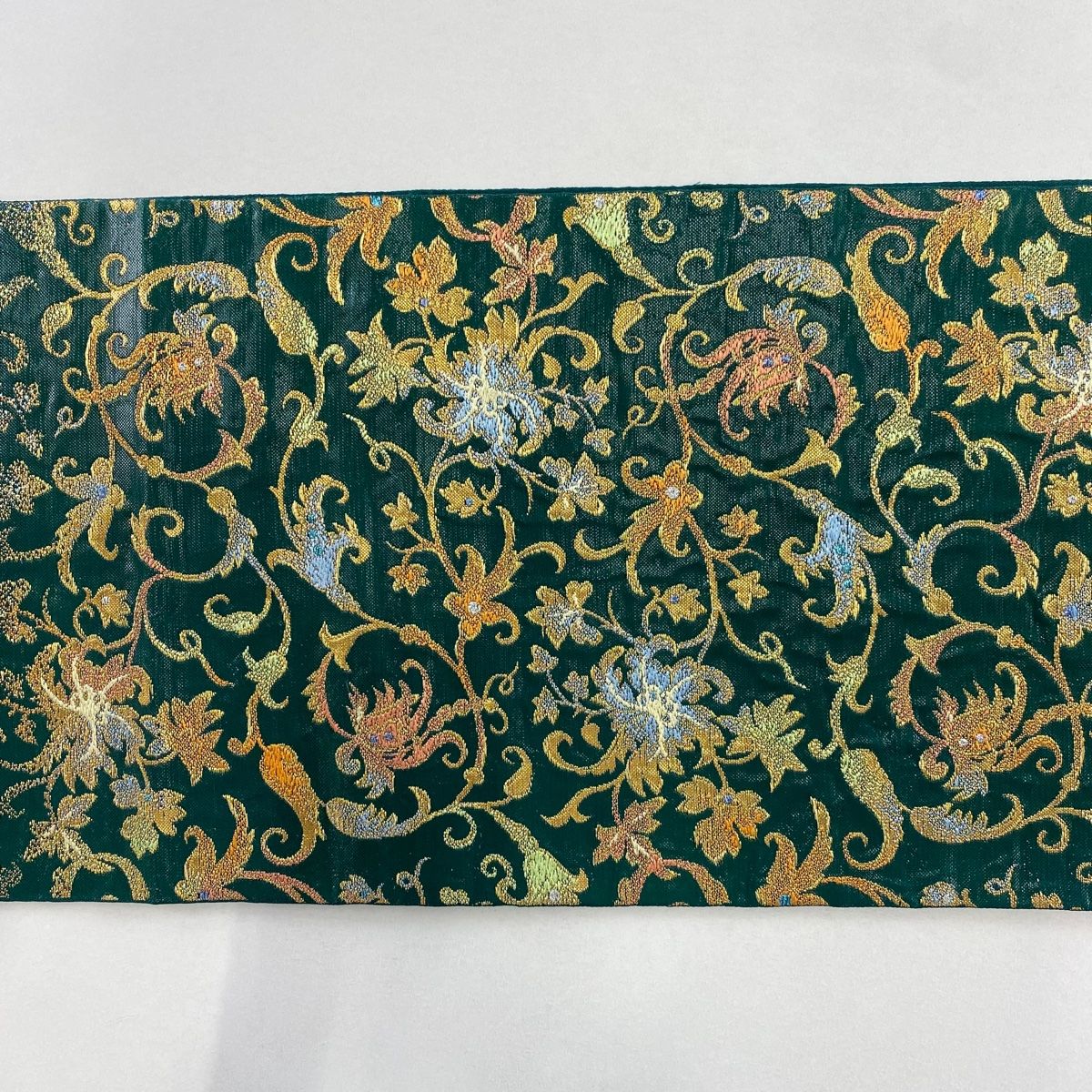 美品】 袋帯 逸品 龍村美術織物 落款 瑞祥清花錦 花唐草 箔 緑 お太鼓