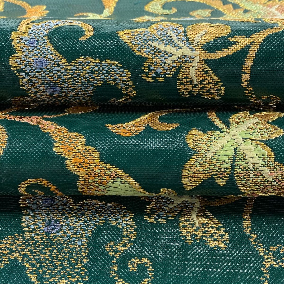 美品】 袋帯 逸品 龍村美術織物 落款 瑞祥清花錦 花唐草 箔 緑 お太鼓