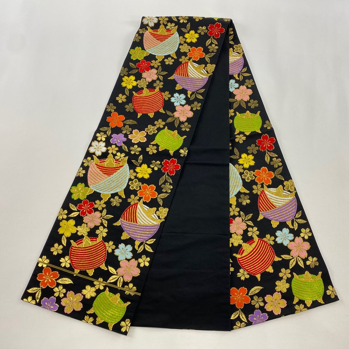  袋帯 川島織物 落款 糸巻き 桜 金糸 箔 黒 全通 正絹 袋帯 帯