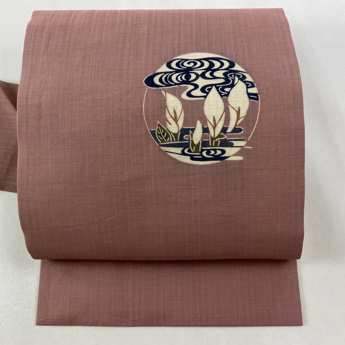 名古屋帯 栗山吉三郎 落款 水芭蕉 観世水 灰紫 正絹