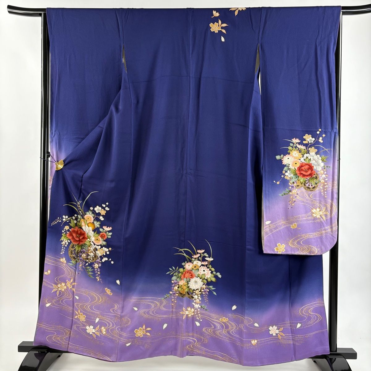 振袖/鼓草花金彩染め分け紫中古美品振袖set/身丈167.5裄丈66.5紫成人式 振袖 着物 中古 リサイクル 正絹 金駒刺繍 花模様 秋草文様 兎 青紫系