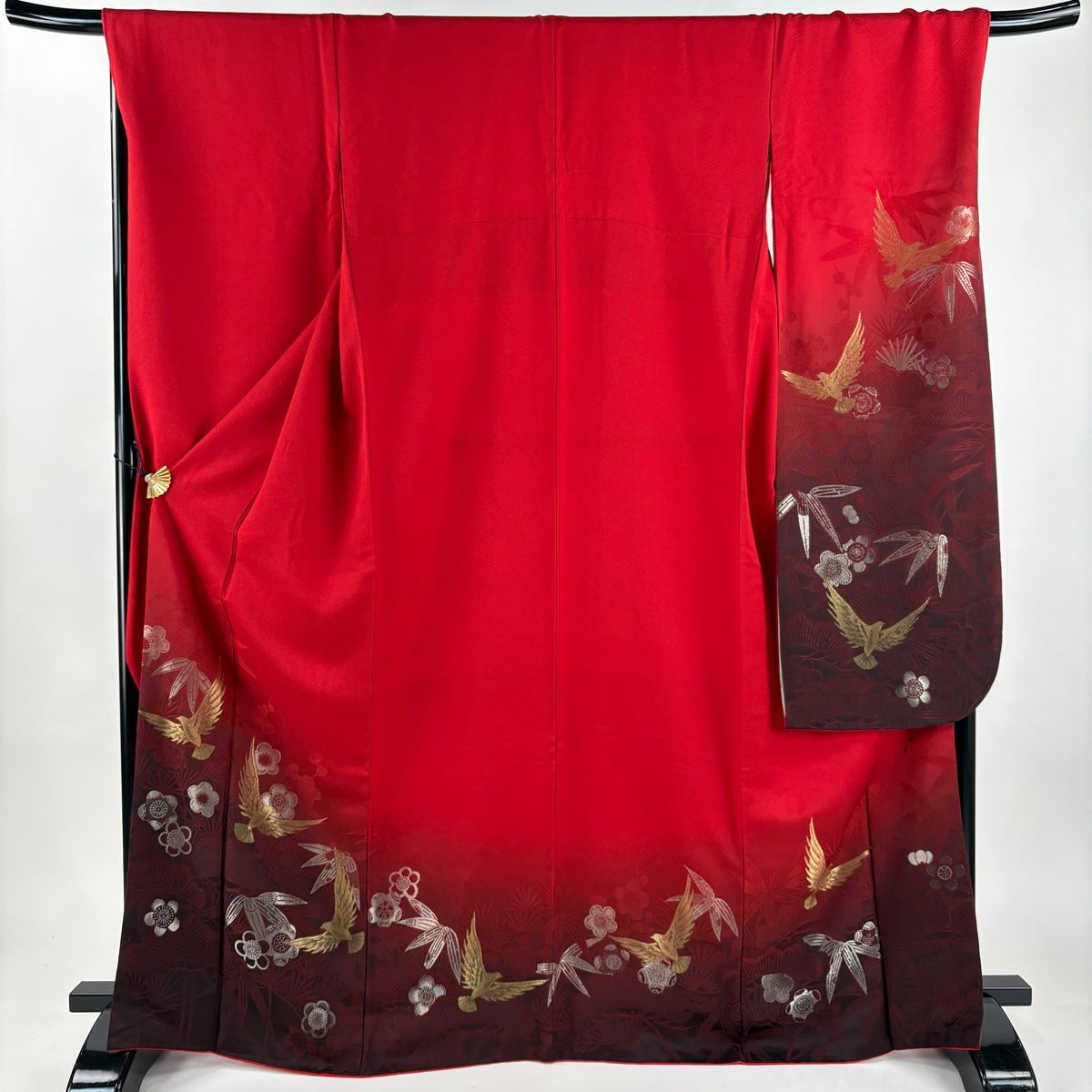 振袖 身丈167cm 裄丈70cm L 袷 斉藤三才 落款 鳥 松竹梅 金銀糸 ぼかし