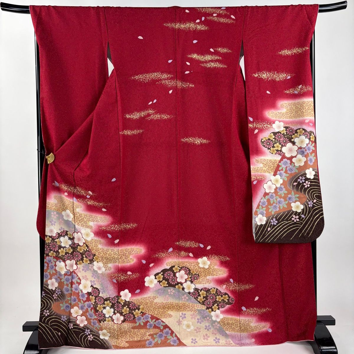 【美品】 振袖 身丈166cm 裄丈70cm L 袷 梅 波 金通し 金彩 赤 正絹 名品 【】