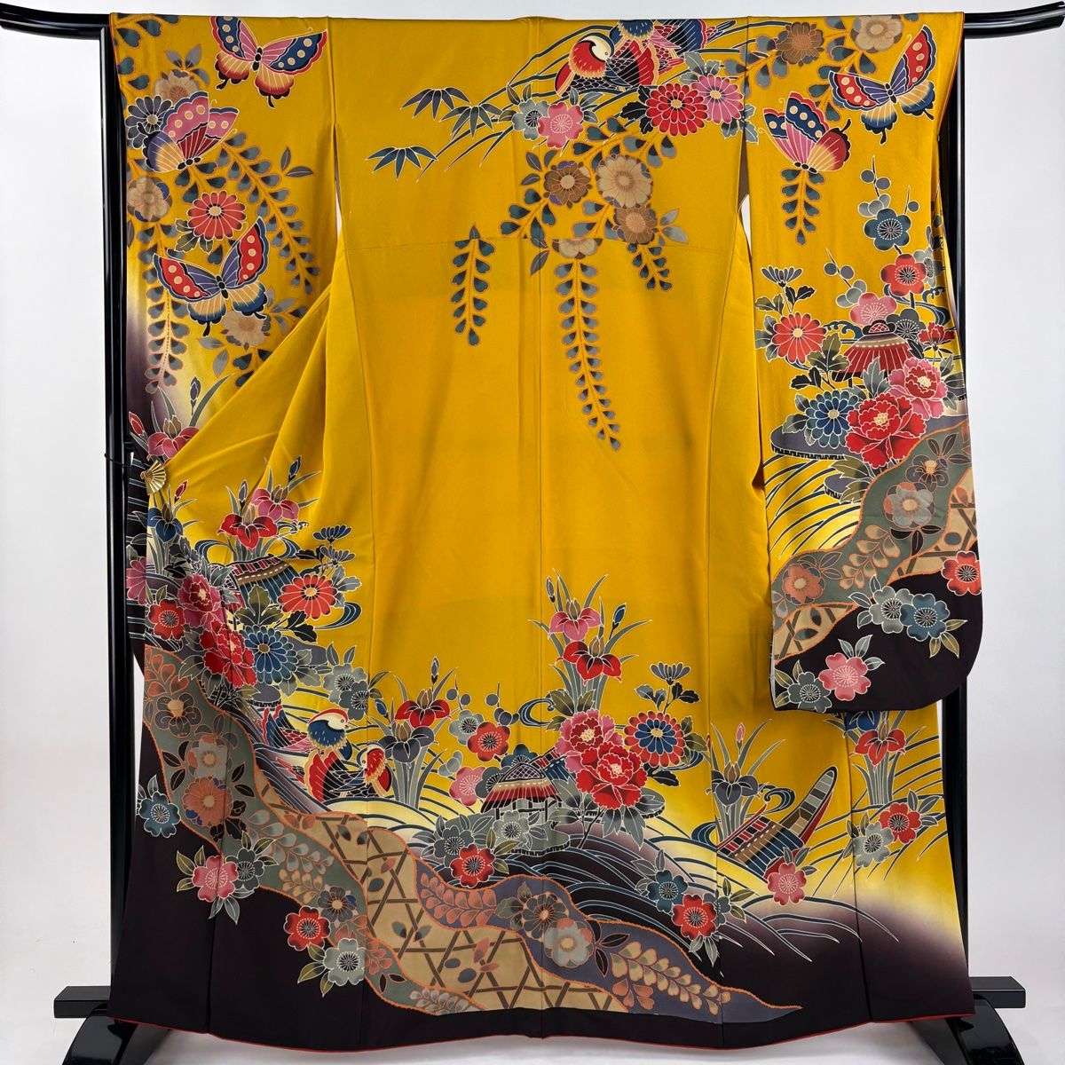振袖 身丈164 cm 裄丈65 5 M 袷 落款 鴛鴦 草花 黄色 正絹
