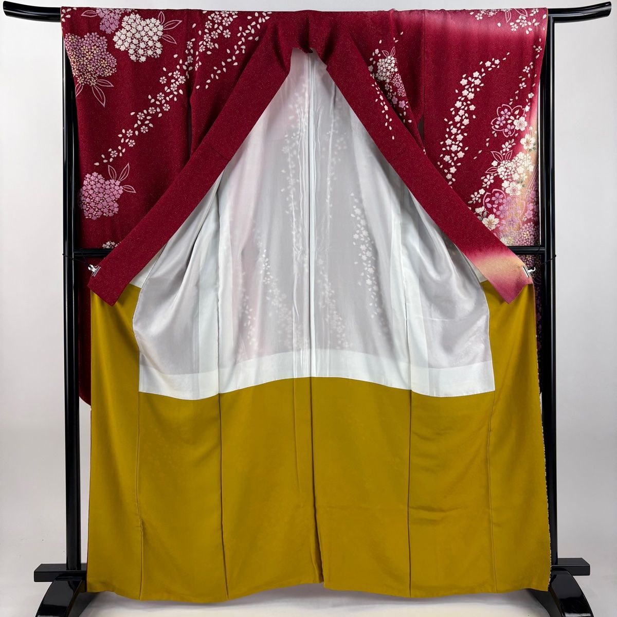 美品】 振袖 身丈163cm 裄丈66cm M 袷 桜 流水 銀通し 販売済み 絞り