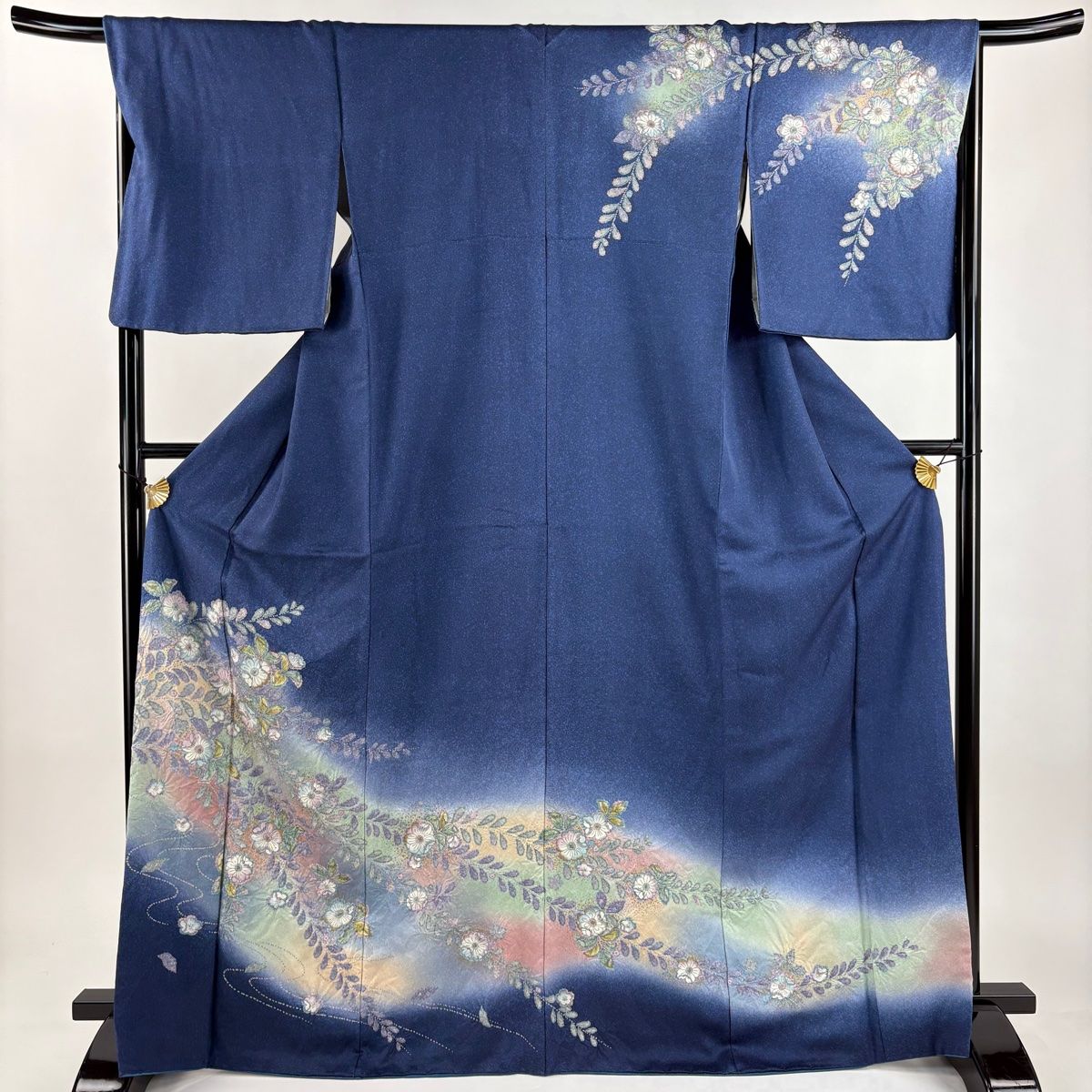 訪問着 身丈169cm 裄丈67.5cm L 袷 辻が花 流水 ぼかし 金彩 藍色 正絹