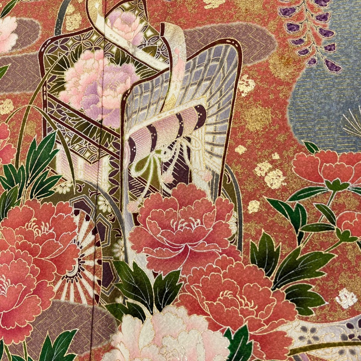 銀の斧＞正絹・桜の花に御所車のお振袖・着丈160.6cm・ピンクブルー・