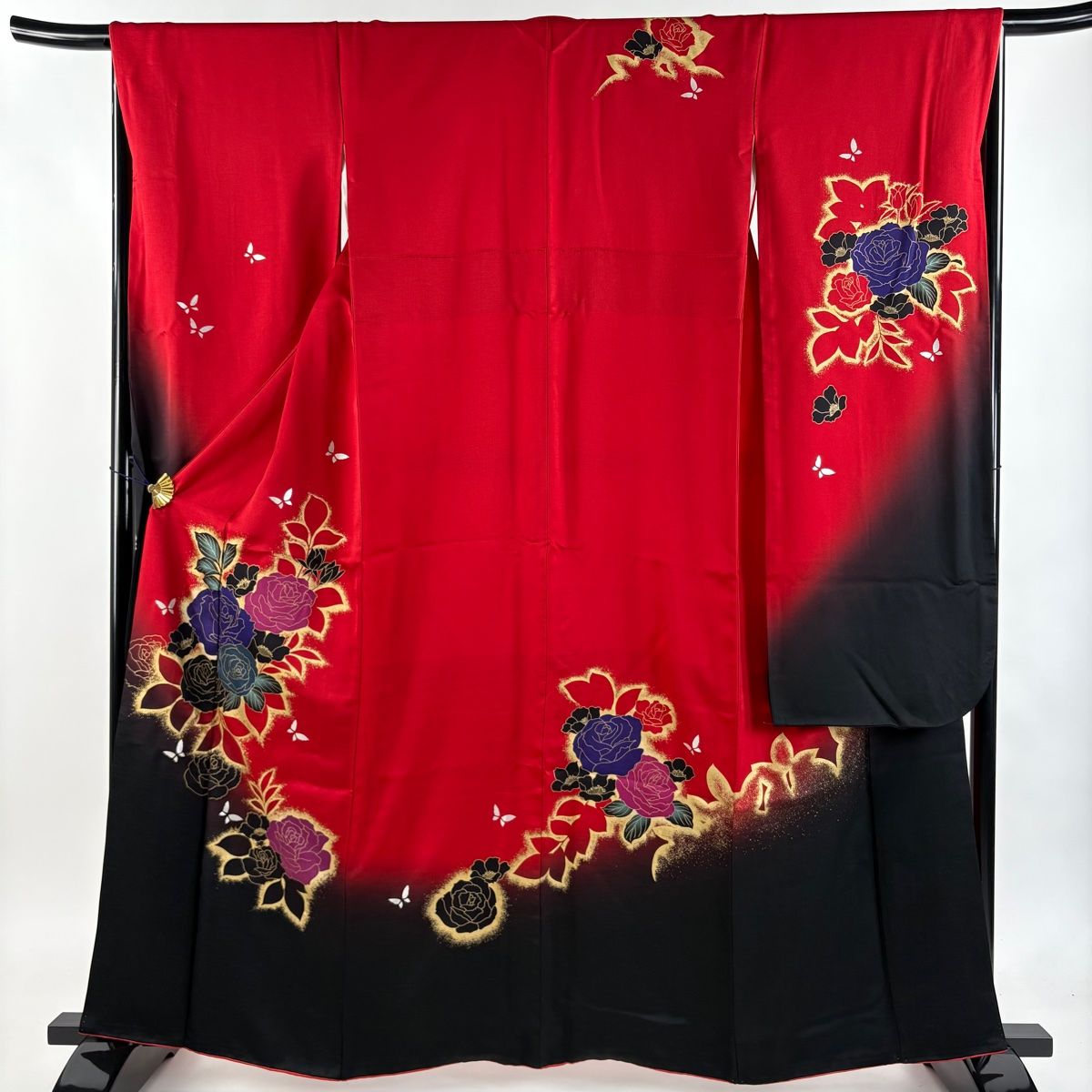 振袖 身丈162.5cm 裄丈66.5cm M 袷 薔薇 蝶 金銀彩 ぼかし 赤 正絹 秀