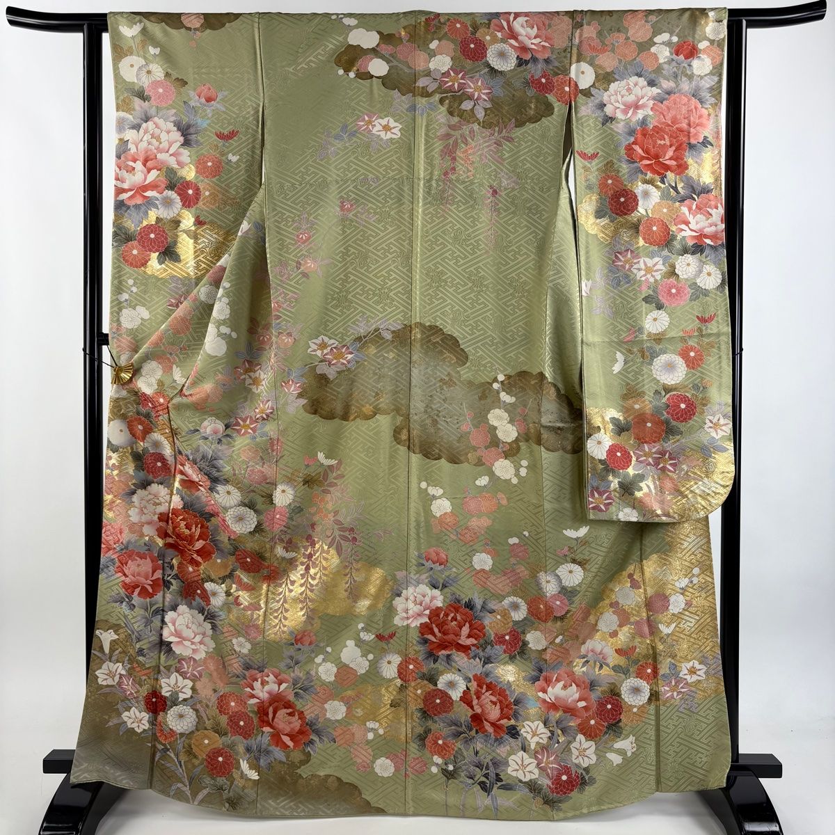 振袖 身丈166 cm 裄丈62 S 袷 牡丹 菊 金糸 金彩 抹茶色 正絹 秀品