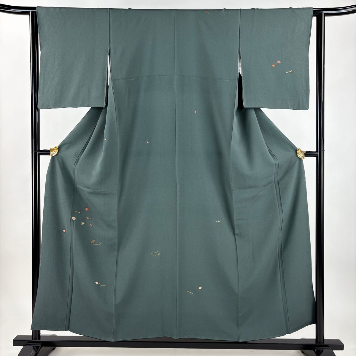 付下げ 身丈154.5cm 裄丈62cm S 袷 吹き寄せ 金糸 刺繍 灰緑 正絹 秀品