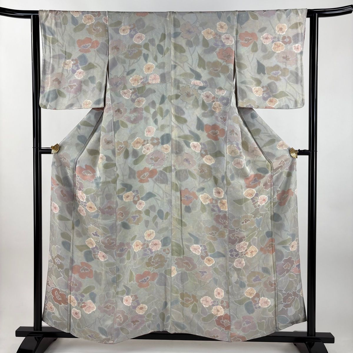 小紋 身丈157 cm 裄丈63 S 袷 草花 灰色 正絹 秀品