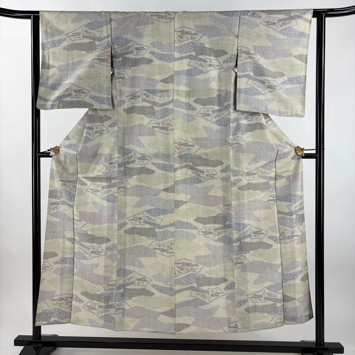 紬 身丈153 cm 裄丈61 5 S 単衣 草花 幾何学模様 ベージュ 正絹 秀品