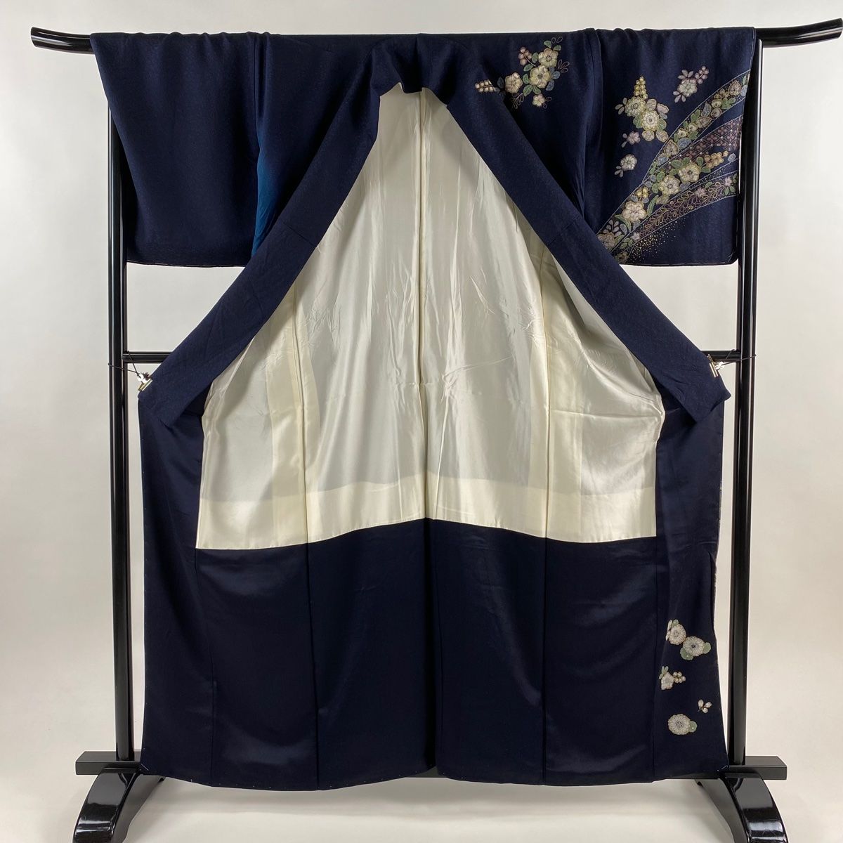訪問着 身丈161cm 裄丈68.5cm L 袷 辻が花柄 花唐草 金彩 ぼかし 濃紺