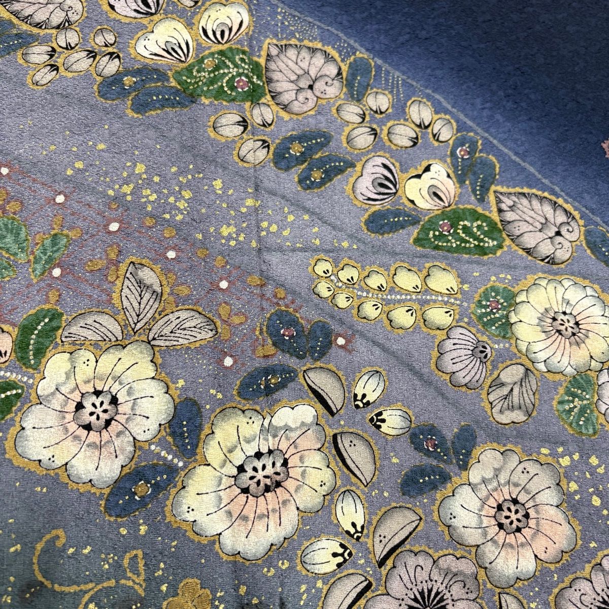 訪問着 辻が花柄 草花 金彩 ぼかし 紺色 正絹 訪問着 身丈161cm 裄丈68.5cm L 袷 辻が花柄 花唐草 金彩 ぼかし 濃紺