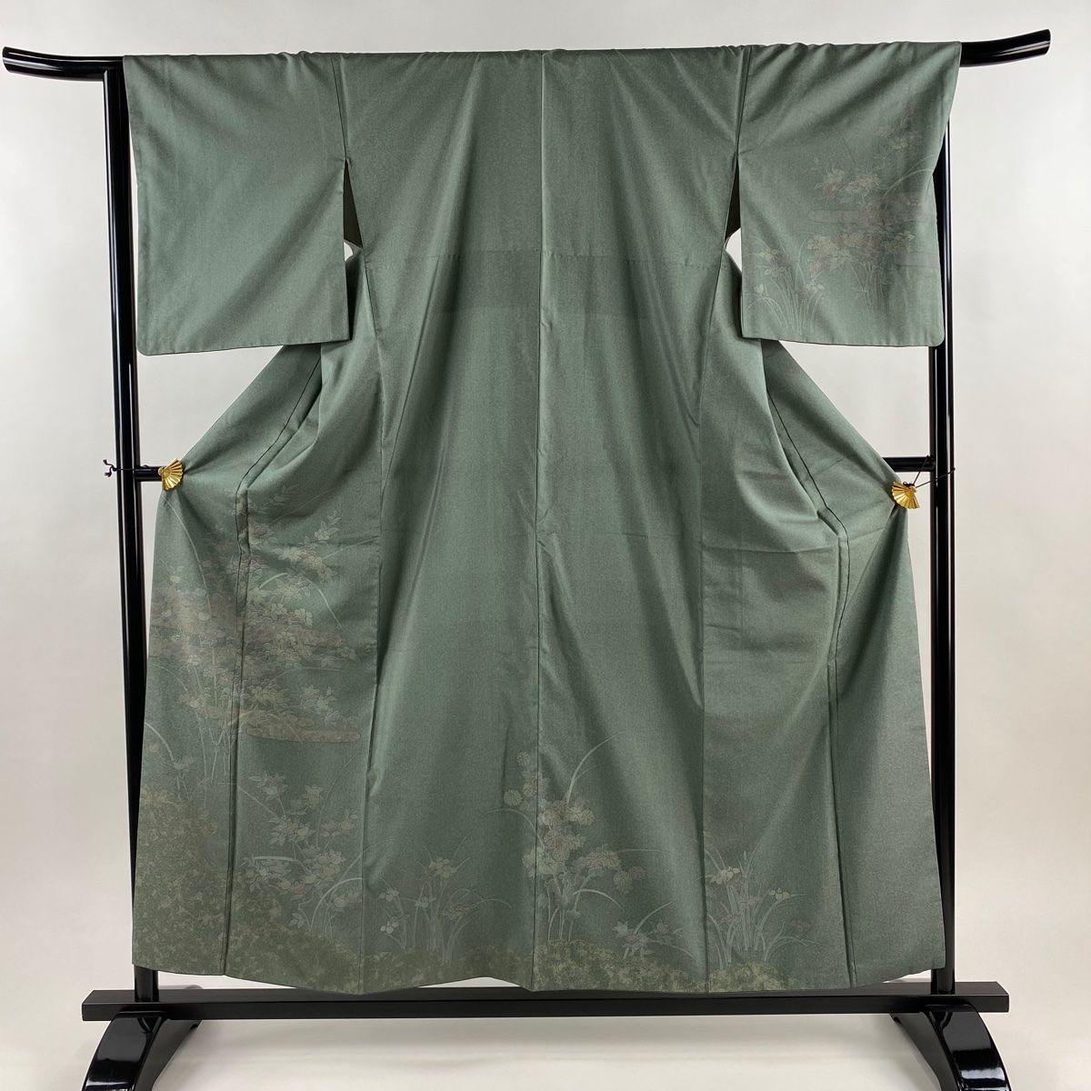 美品】 訪問着 身丈157cm 裄丈66cm M 袷 紬地 草花 ヱ霞 灰緑 正絹 秀