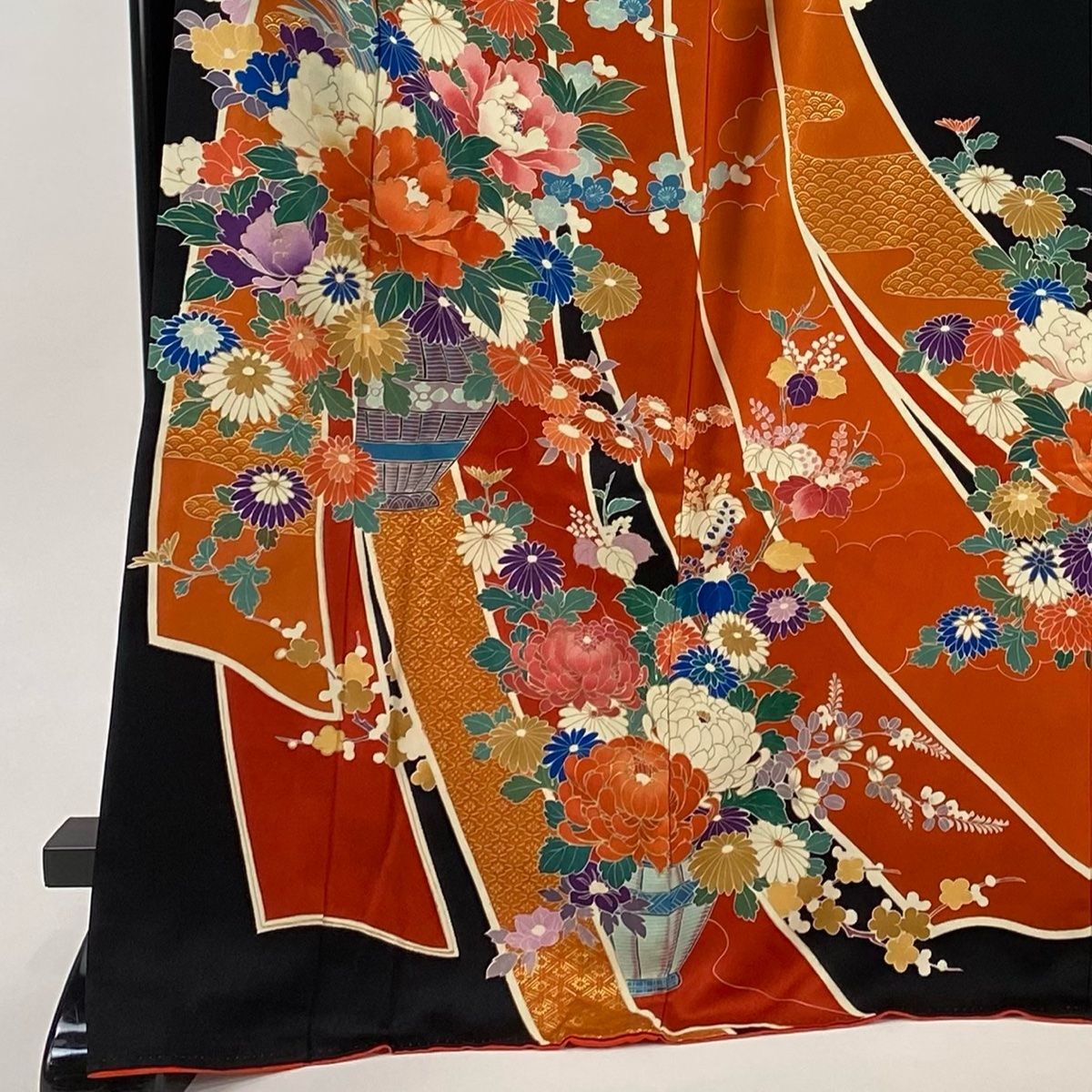 振袖 身丈171 cm 裄丈67 M 袷 花籠 熨斗 金彩 黒 正絹 秀品