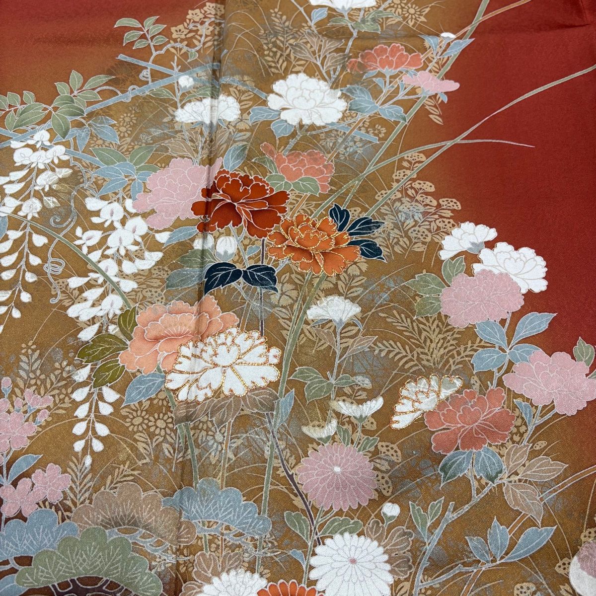 訪問着 身丈162cm 裄丈65cm M 袷 枝花 松 金彩 ぼかし 赤茶 正絹 秀品