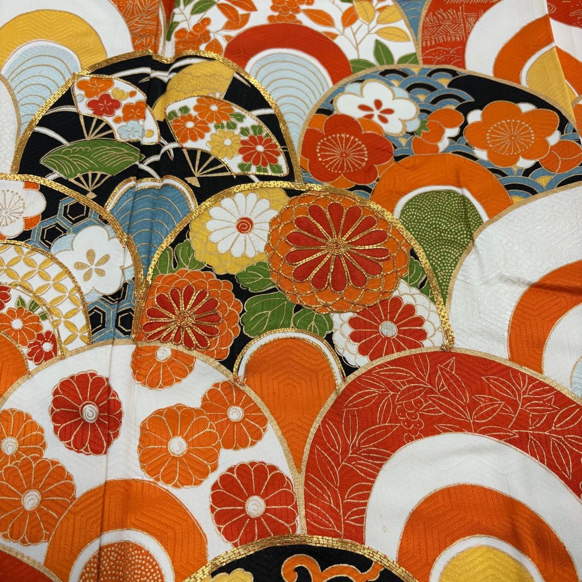  振袖 身丈154.5 cm 裄丈63 S 袷 青海波 草花 金糸 金彩 オレンジ 正絹 秀品 振袖 着物