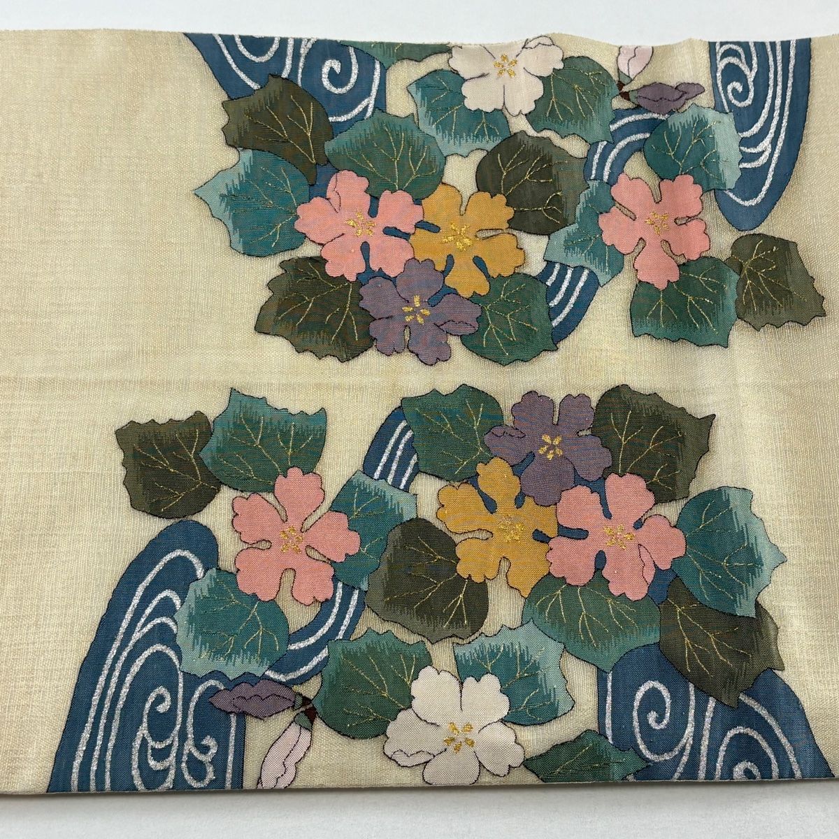  袋帯 夏帯 草花 流水 金銀糸 クリーム お太鼓柄 正絹 袋帯 帯