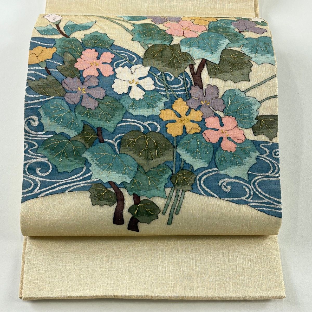 袋帯 夏帯 草花 流水 金銀糸 クリーム お太鼓柄 正絹