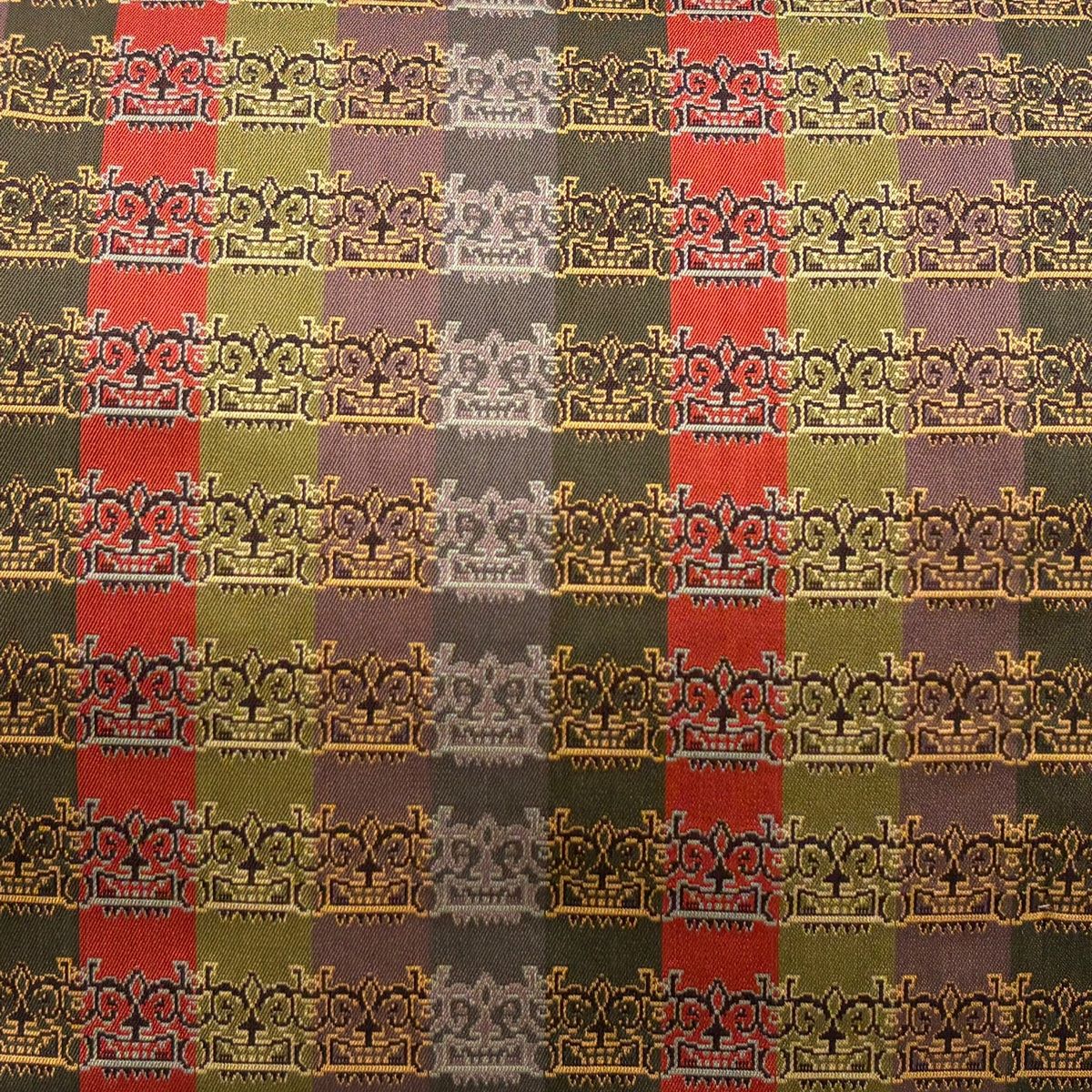 開き名古屋帯 龍村美術織物 証紙 比翼仕立て 獅噛文長斑錦 赤茶 正絹