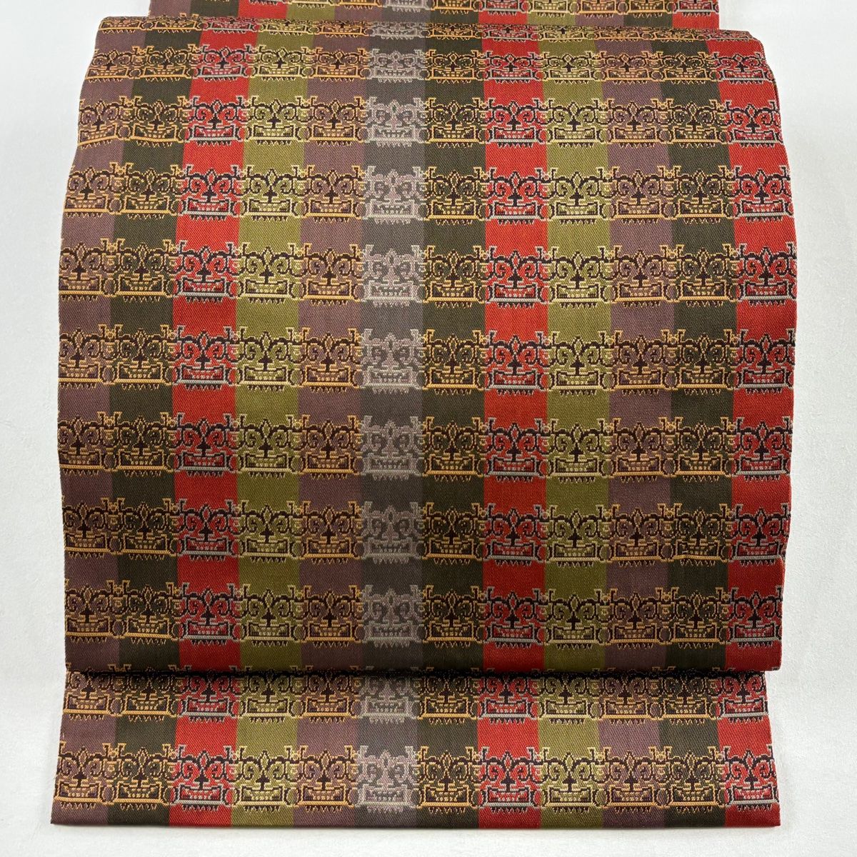 開き名古屋帯 龍村美術織物 証紙 比翼仕立て 獅噛文長斑錦 赤茶 正絹