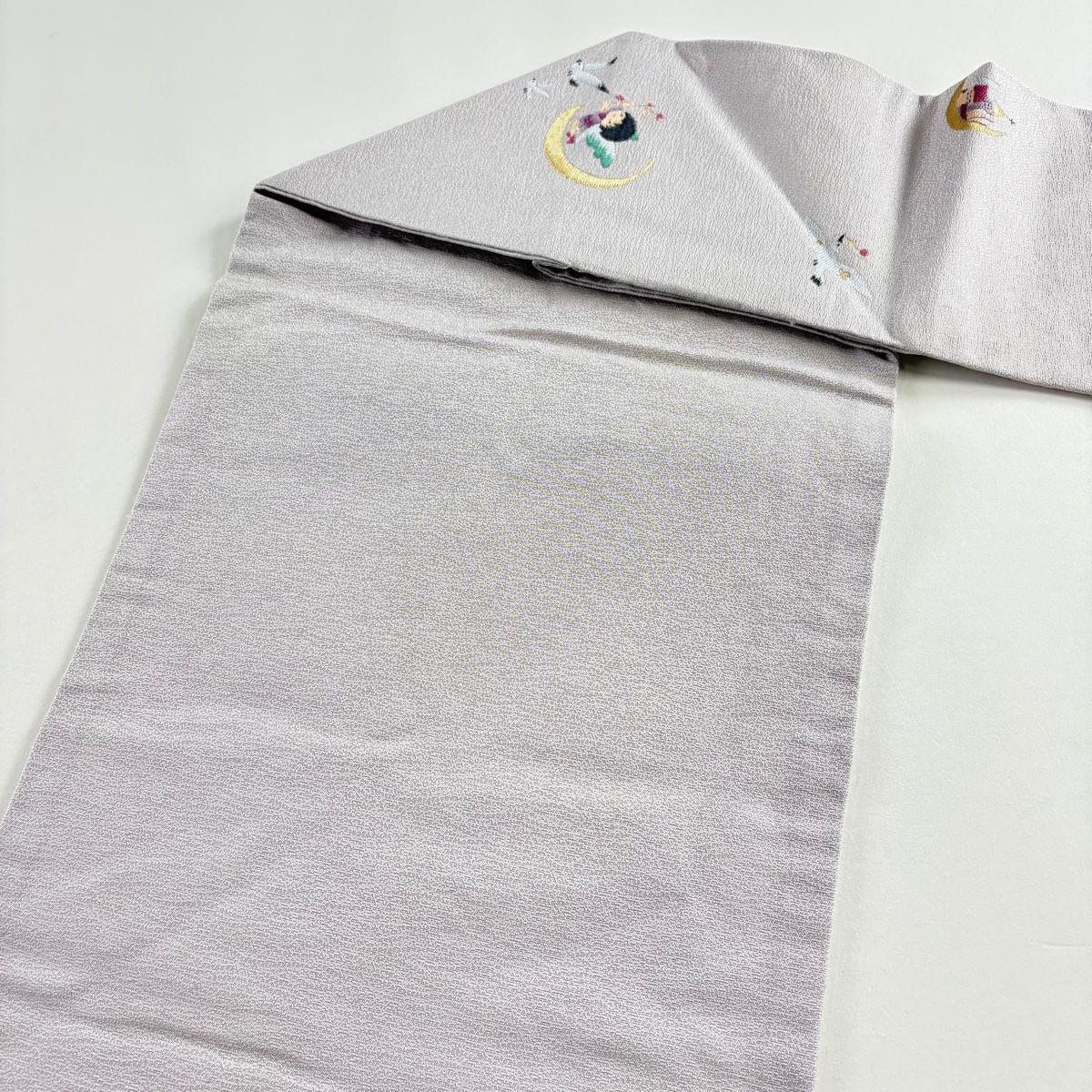  名古屋帯 メルヘン 関西仕立て 月 鳥 金糸 薄紫 正絹 名古屋帯 帯