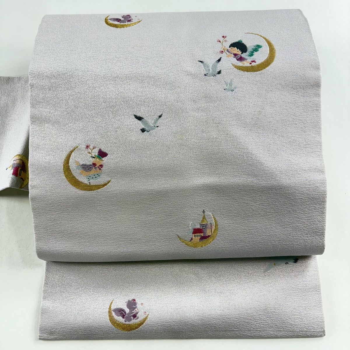 名古屋帯 メルヘン 関西仕立て 月 鳥 金糸 薄紫 正絹