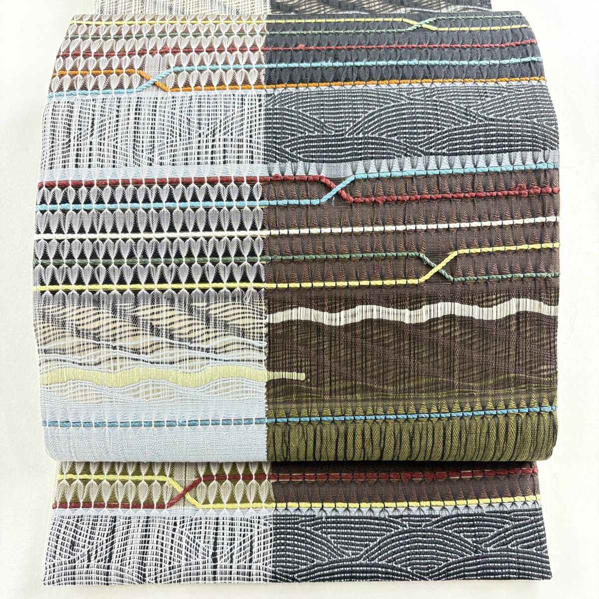 袋帯 幾何学模様 青灰色 お太鼓柄 正絹