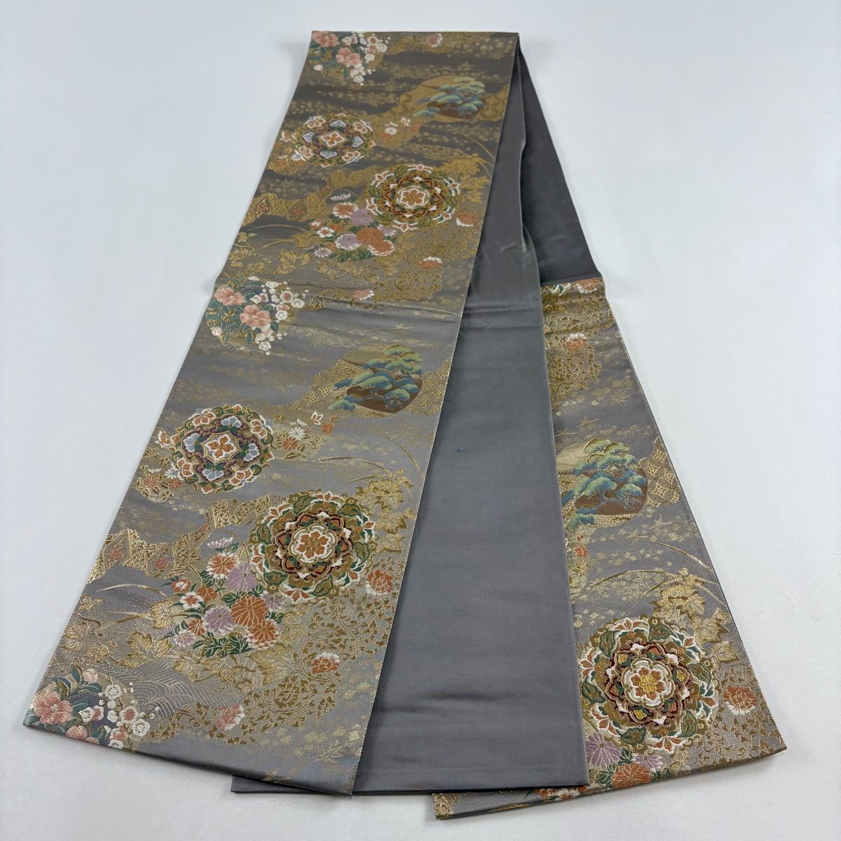  袋帯 じゅらく 落款 華文 草花 金糸 箔 灰紫 六通 正絹 袋帯 帯