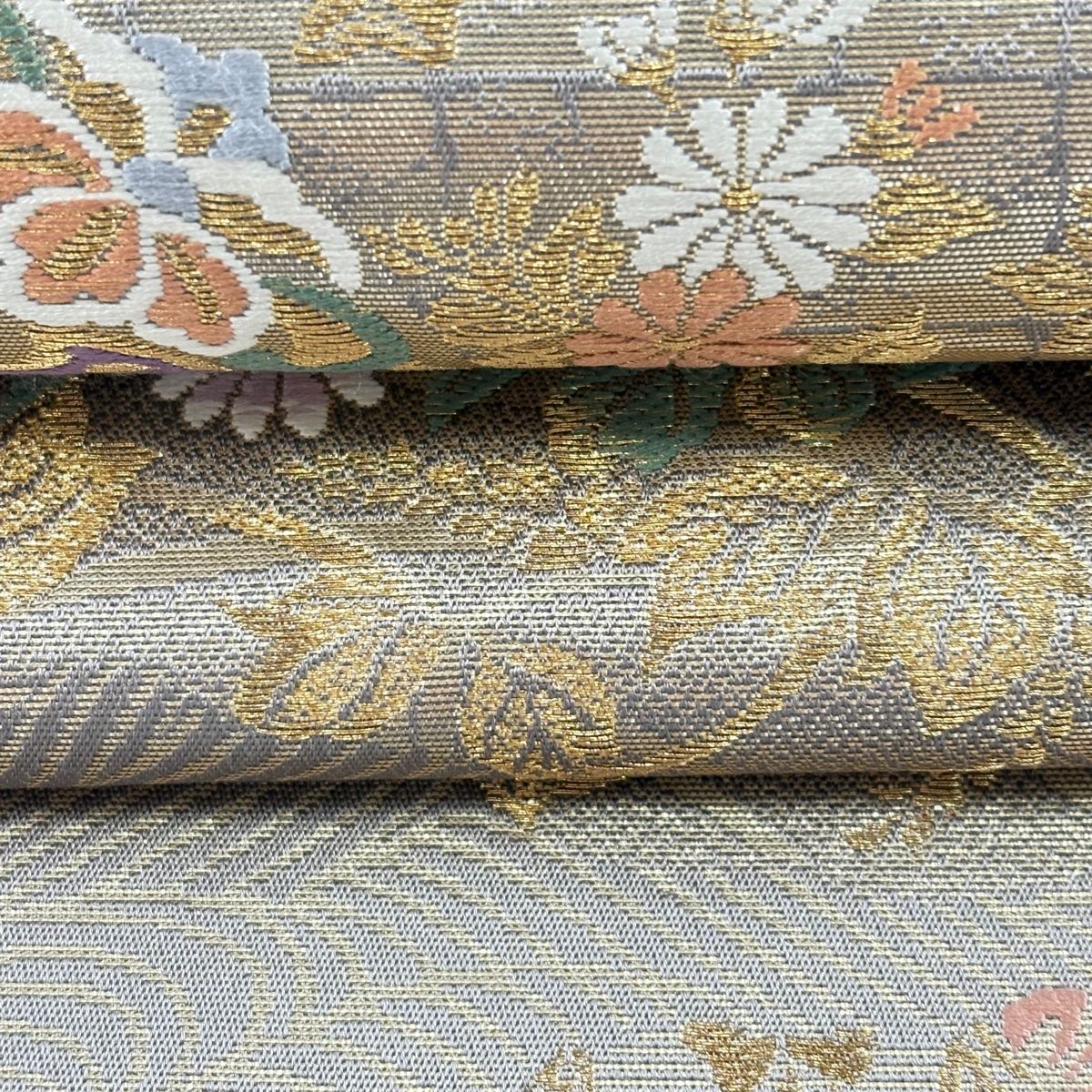 袋帯 名品 じゅらく 落款 華文 草花 金糸 箔 灰紫 六通 正絹 【中古