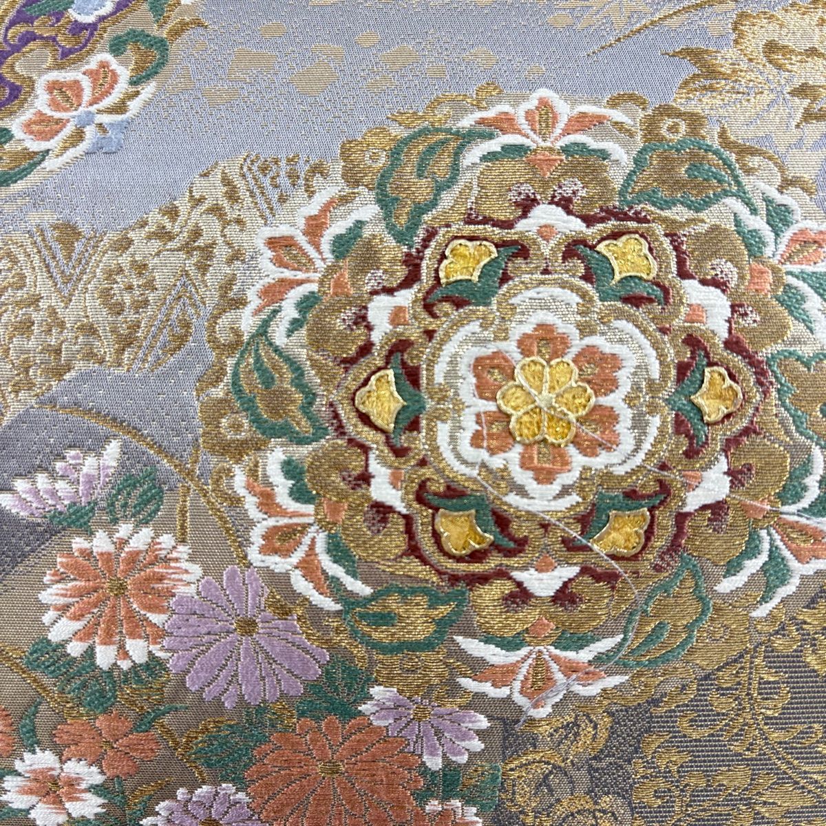 袋帯 名品 じゅらく 落款 華文 草花 金糸 箔 灰紫 六通 正絹 【中古