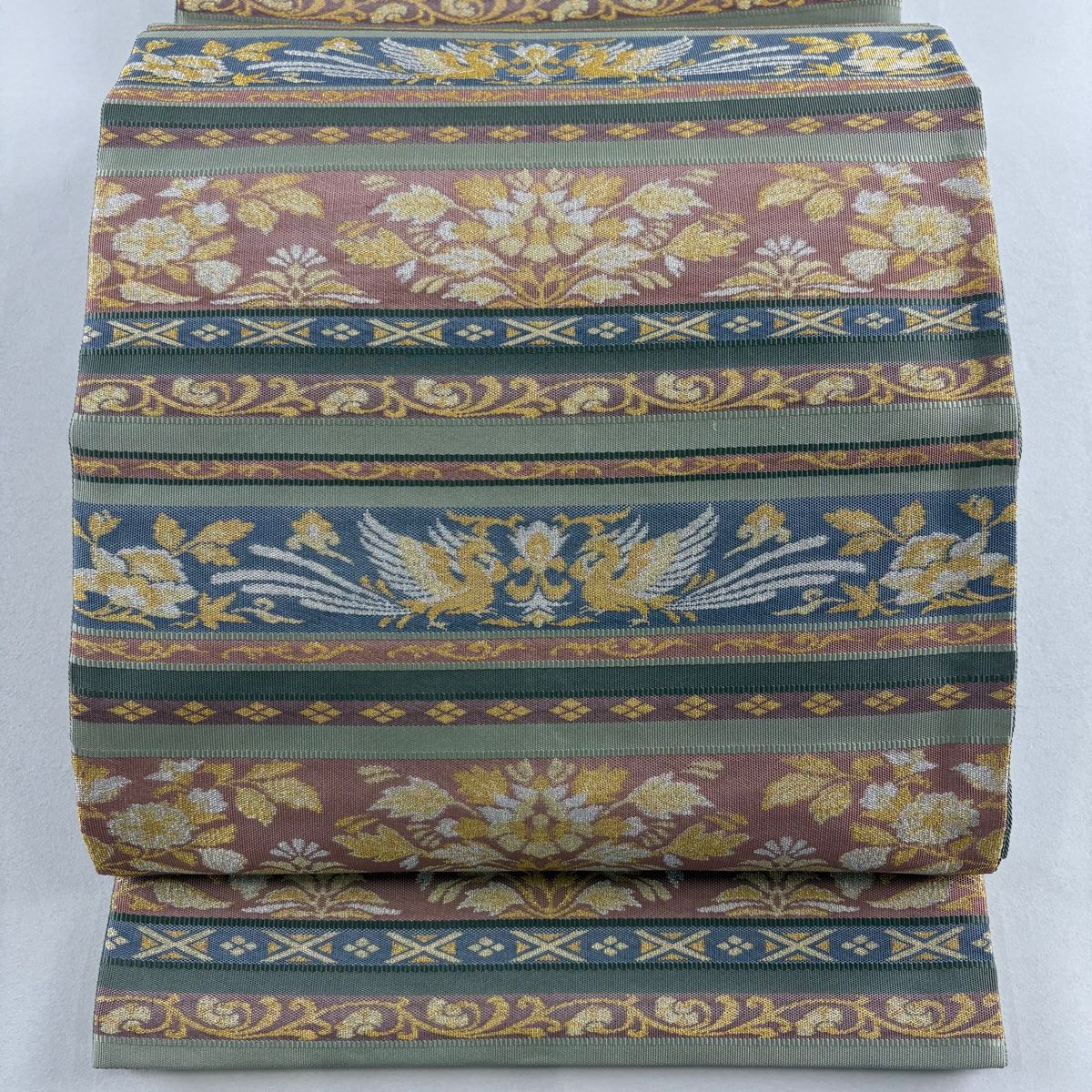 【美品】 袋帯 名品 縞 花鳥 金銀糸 薄緑 六通 正絹 【】