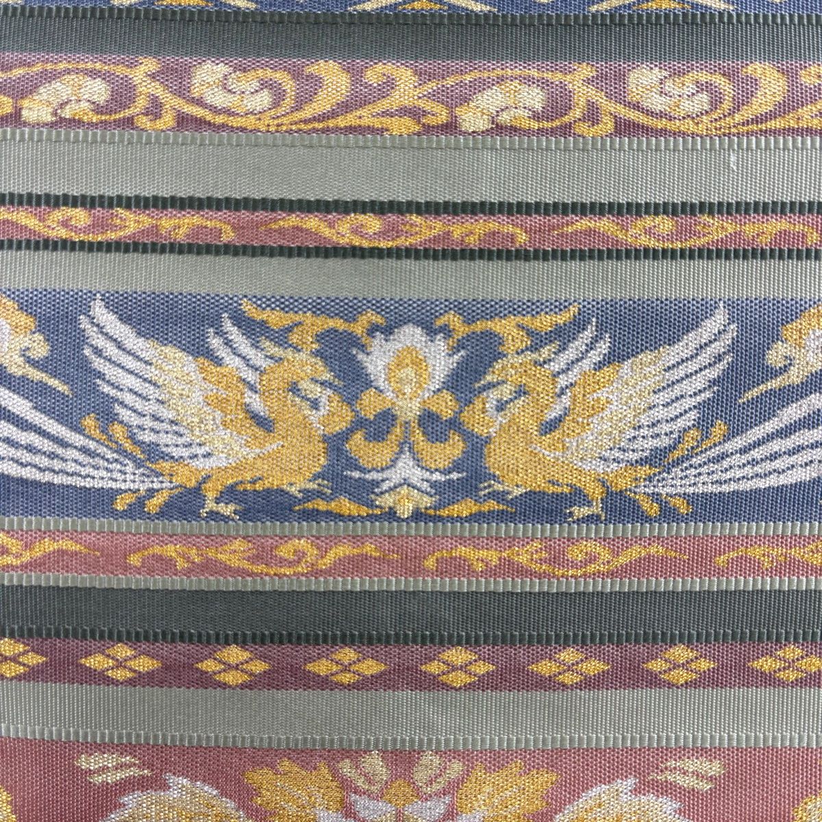 袋帯 縞 花鳥 金銀糸 薄緑 六通 正絹