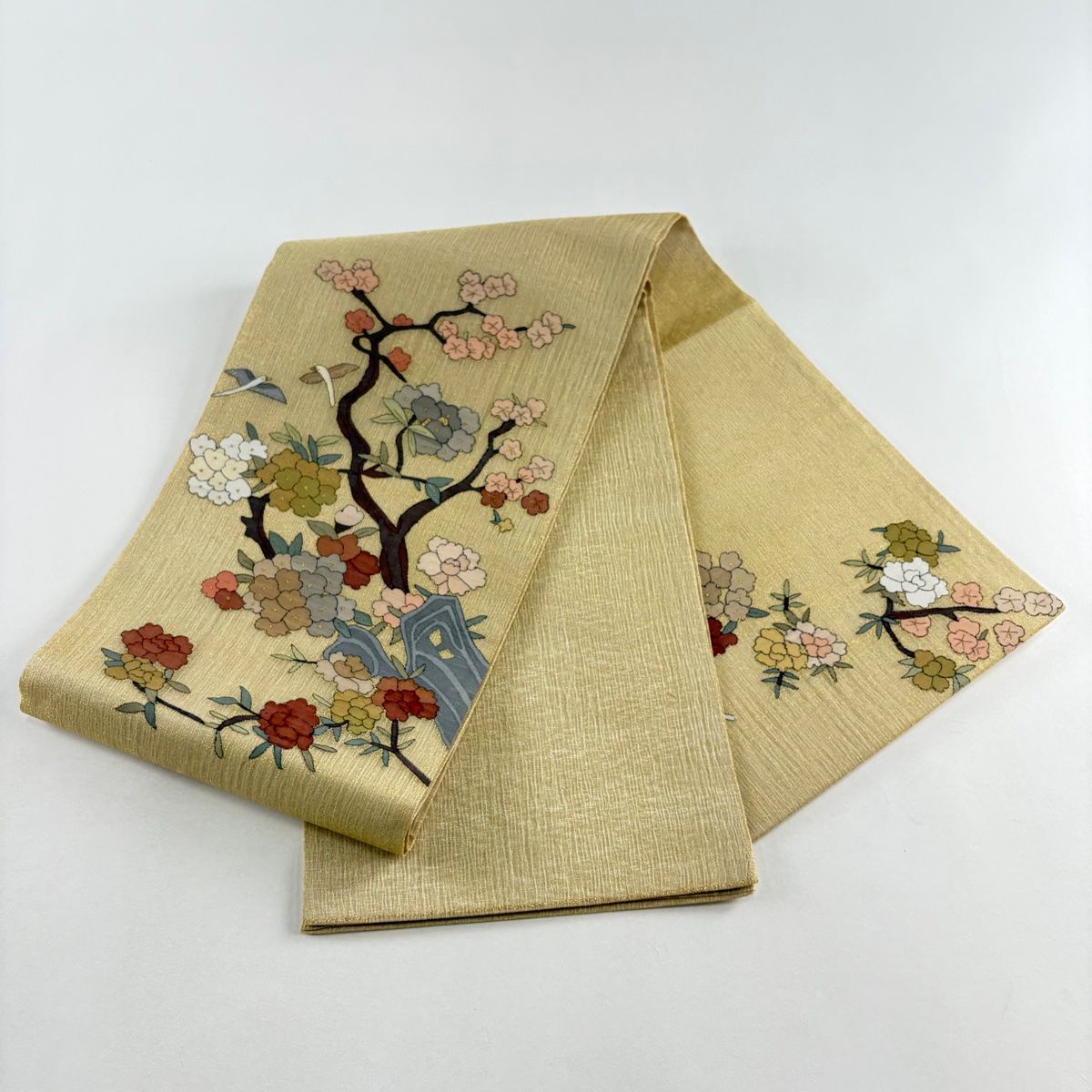 美品】 袋帯 名品 夏帯 枝花 鳥 金糸 金色 お太鼓柄 正絹 【中古