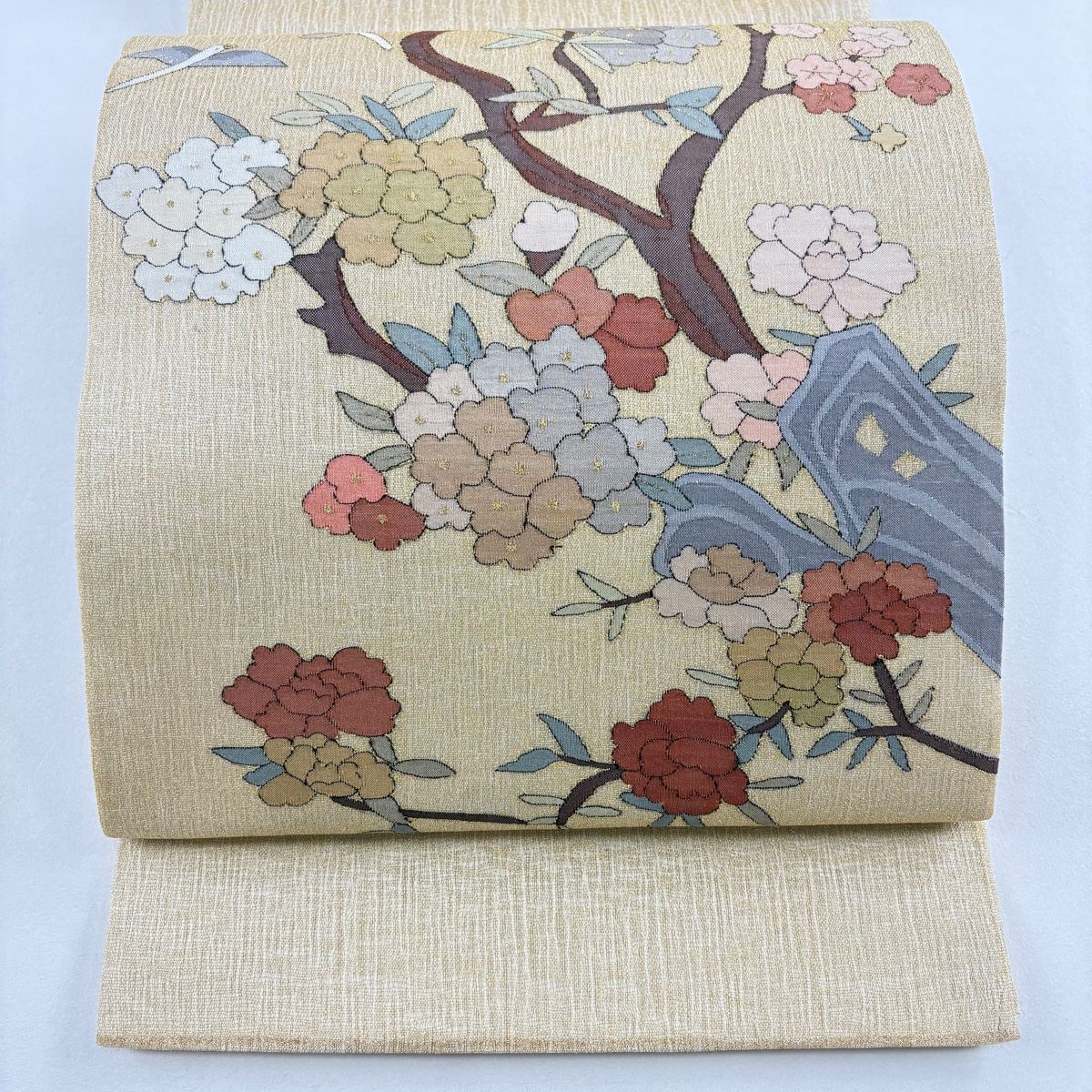 美品】 袋帯 名品 夏帯 枝花 鳥 金糸 金色 お太鼓柄 正絹 【中古