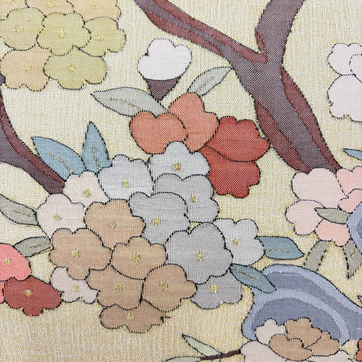 袋帯 夏帯 枝花 鳥 金糸 金色 お太鼓柄 正絹