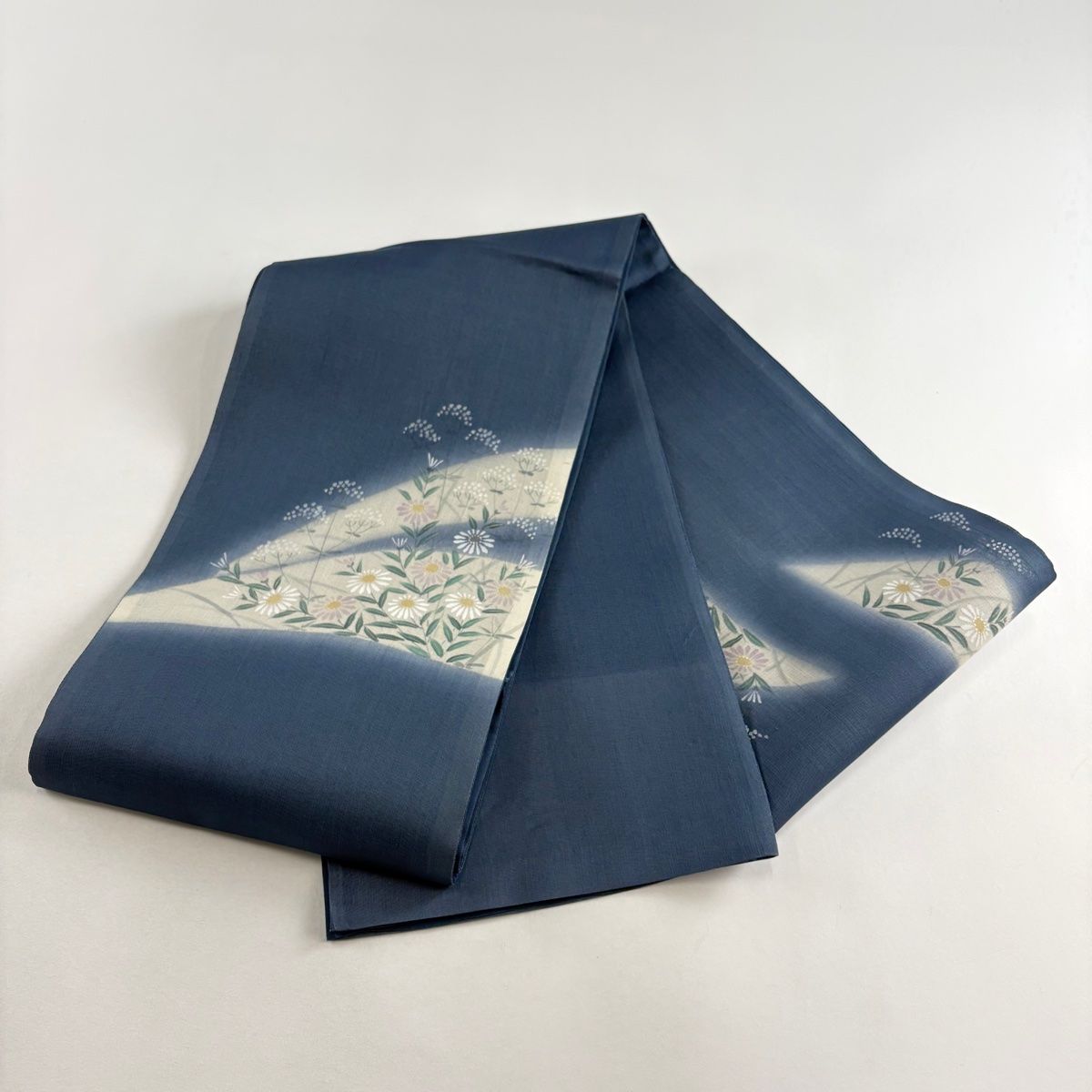 袋帯 お太鼓柄 金彩 花鳥 華文 菊 袋帯 名品 草花 金彩 青灰色 お太鼓 