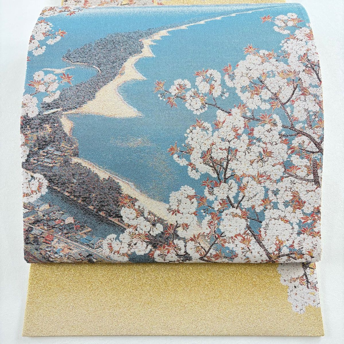 袋帯 風景 桜 金糸 箔 水色 お太鼓柄 正絹
