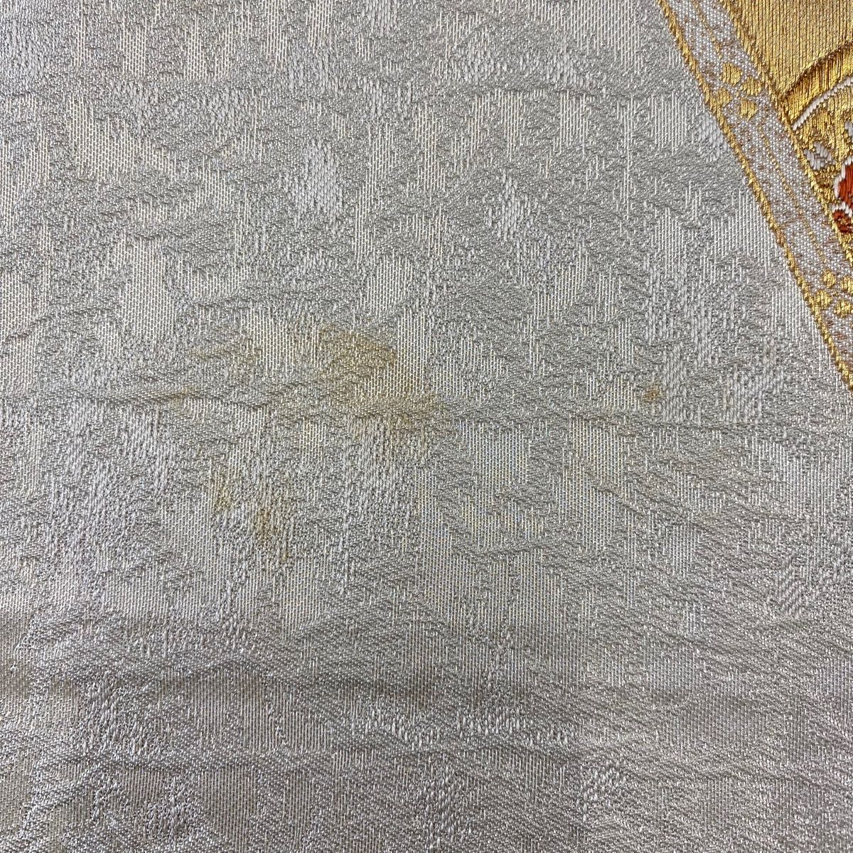 袋帯 秀品 加納幸 落款 向かい鳥 華文 金銀糸 灰色 六通 正絹 【中古