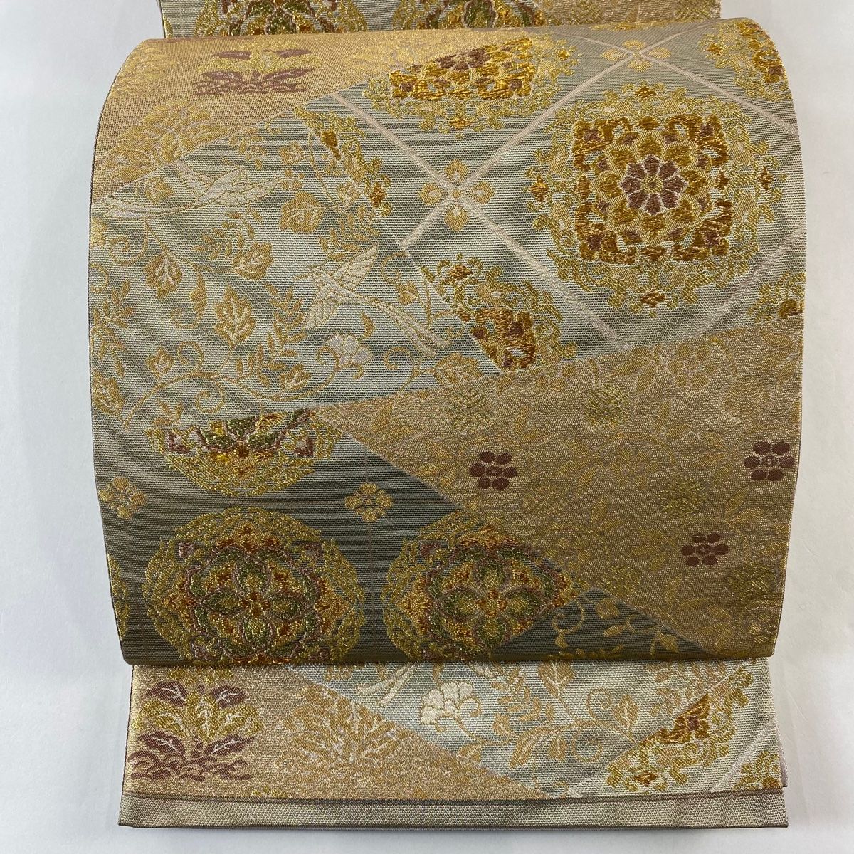 袋帯 秀品 証紙 関西仕立て 華文 花鳥 金糸 箔 灰茶 六通 正絹