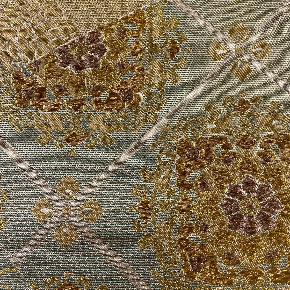 袋帯 秀品 証紙 関西仕立て 華文 花鳥 金糸 箔 灰茶 六通 正絹