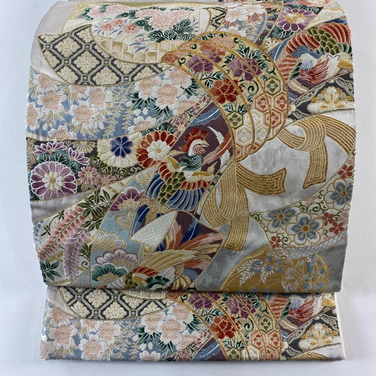 袋帯 秀品 束ね熨斗 花鳥 金銀糸 箔 ベージュ お太鼓柄 正絹