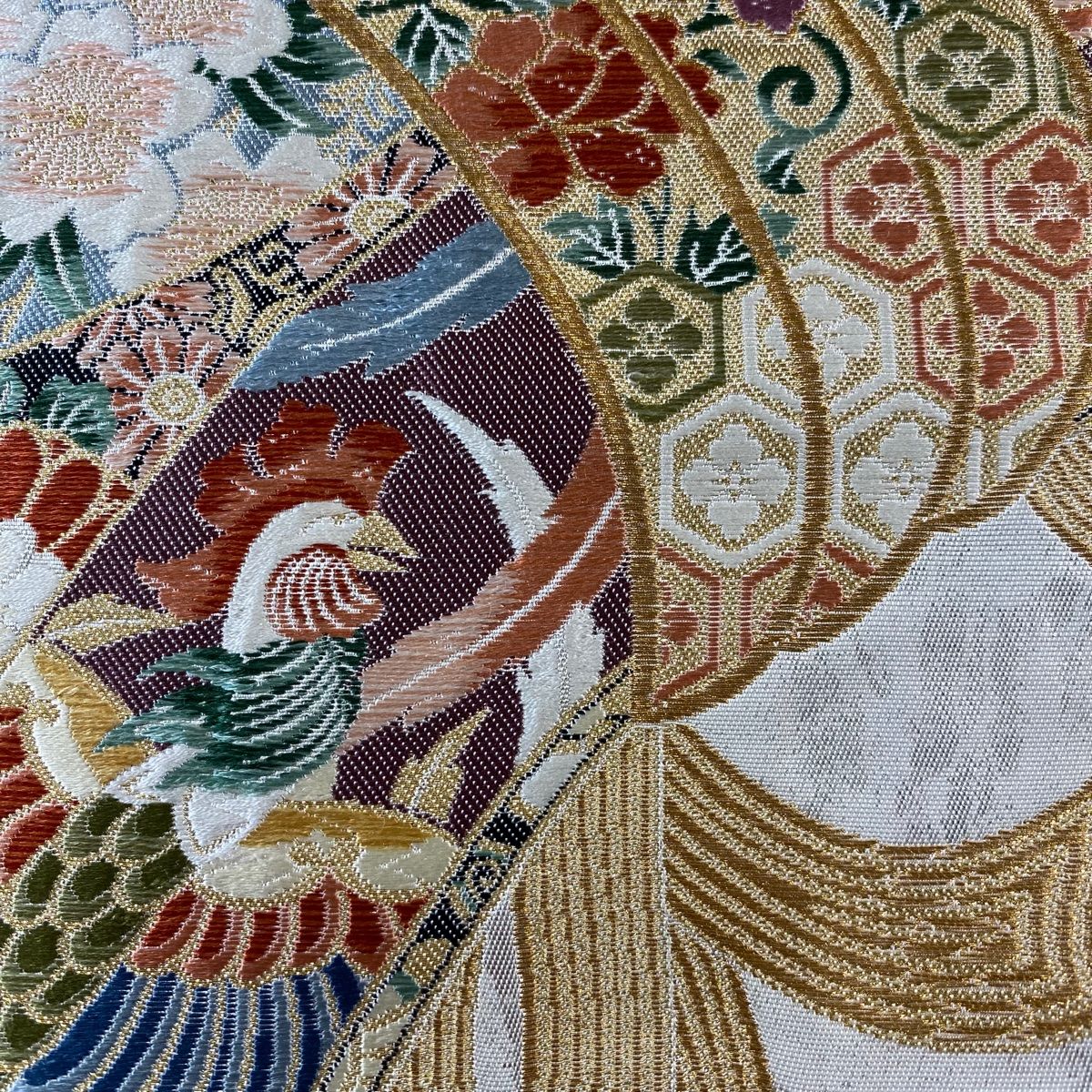 袋帯 秀品 束ね熨斗 花鳥 金銀糸 箔 ベージュ お太鼓柄 正絹