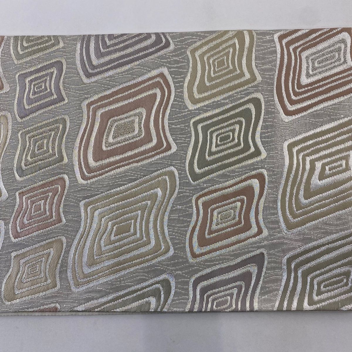  袋帯 秀品 幾何学模様 金銀糸 箔 銀色 六通 正絹 袋帯 帯