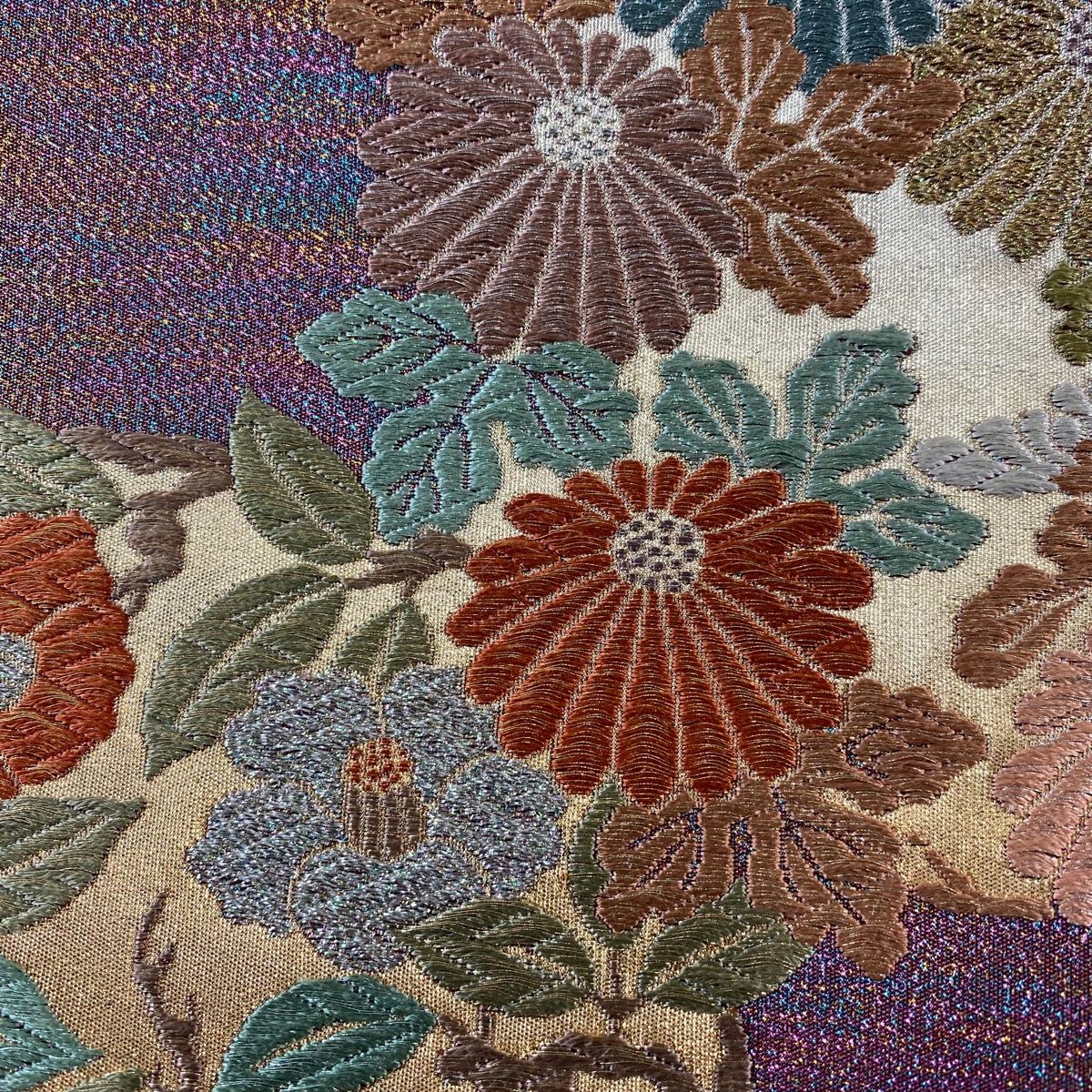 袋帯 秀品 関西仕立て 花丸文 金銀糸 箔 紫 六通 正絹