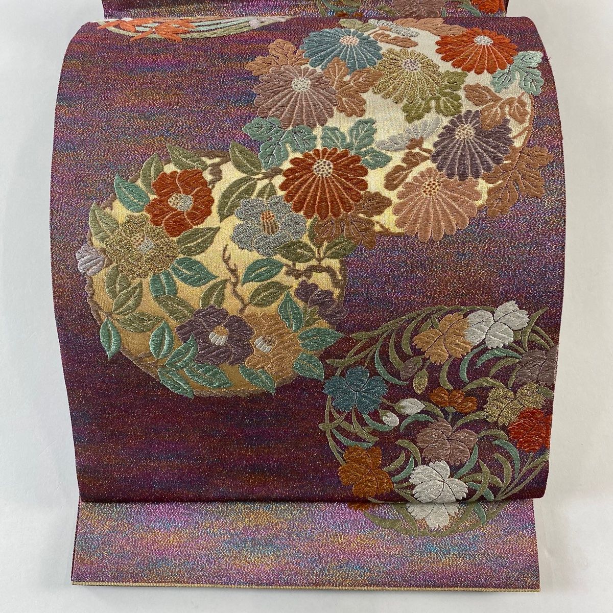 袋帯 秀品 関西仕立て 花丸文 金銀糸 箔 紫 六通 正絹
