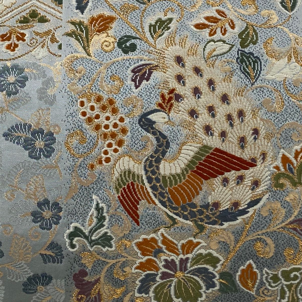美品】 袋帯 秀品 孔雀 花唐草 金糸 箔 青灰色 六通 正絹 【中古